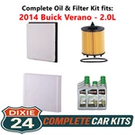 Fits: 2014 Buick Verano 2.0L Complete Air, Oil & Cabin Filter Kit (5W-30). Fixed Price $114.95.